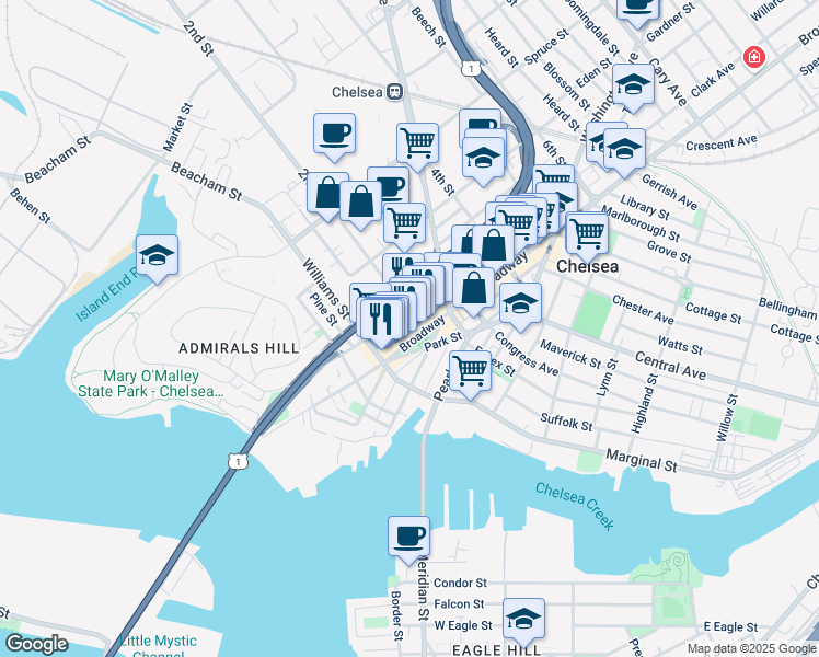 map of restaurants, bars, coffee shops, grocery stores, and more near 59 Cherry Street in Chelsea