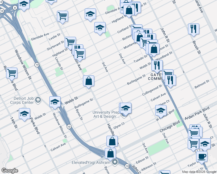 map of restaurants, bars, coffee shops, grocery stores, and more near 871 Webb Street in Detroit