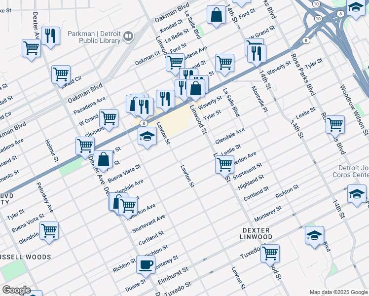 map of restaurants, bars, coffee shops, grocery stores, and more near 2721 Buena Vista Street in Detroit
