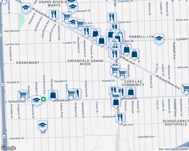 map of restaurants, bars, coffee shops, grocery stores, and more near 14144 Prevost Street in Detroit