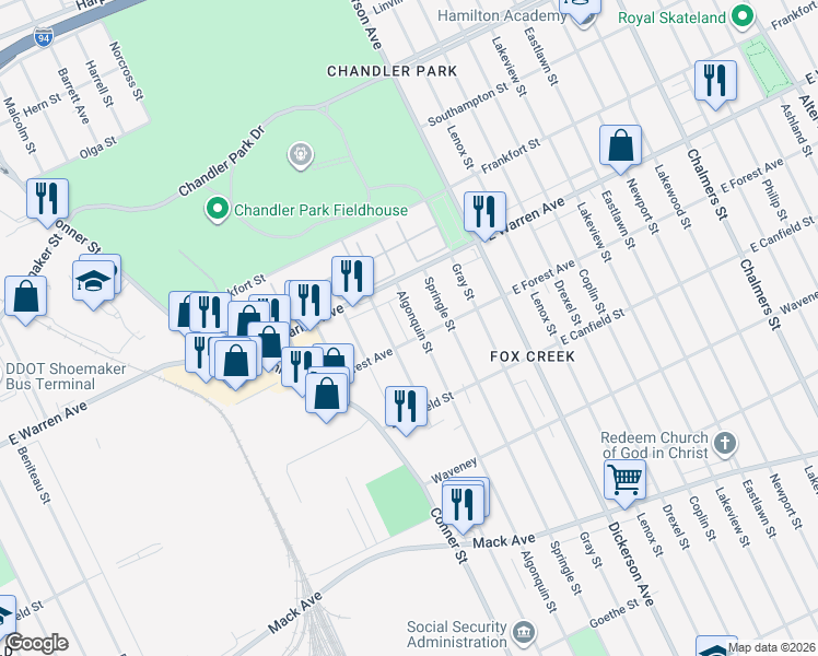 map of restaurants, bars, coffee shops, grocery stores, and more near 4821 Algonquin Street in Detroit