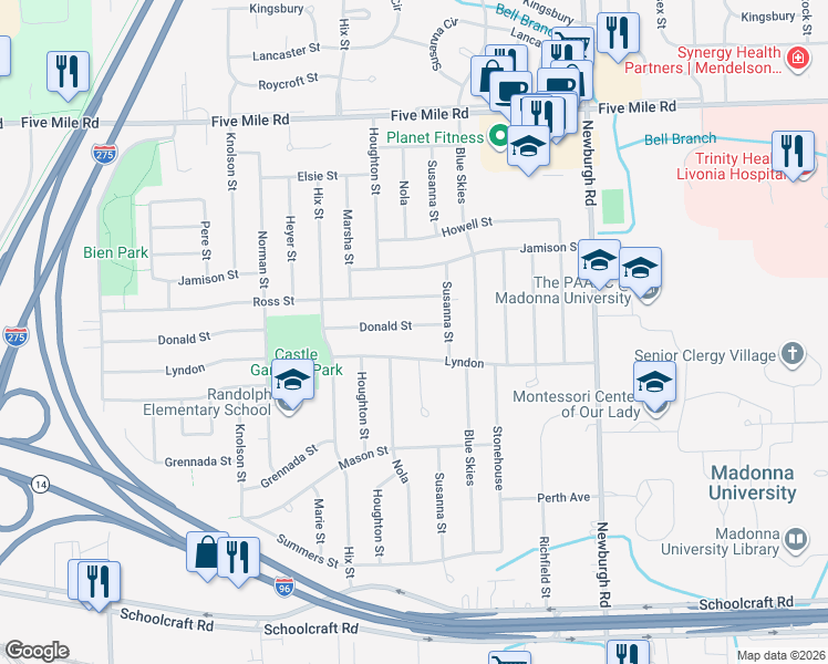 map of restaurants, bars, coffee shops, grocery stores, and more near 37959 Donald Street in Livonia