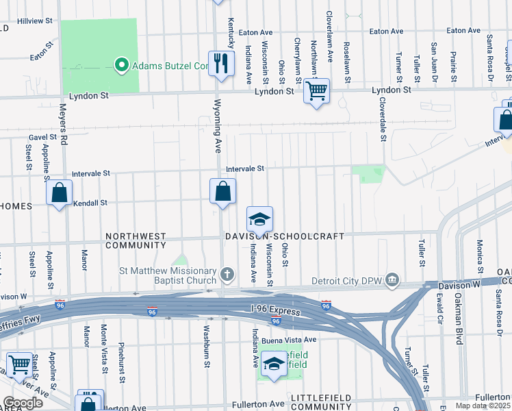 map of restaurants, bars, coffee shops, grocery stores, and more near 13996 Indiana Street in Detroit