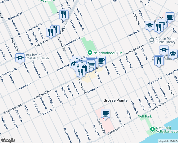 map of restaurants, bars, coffee shops, grocery stores, and more near 16999 Kercheval Avenue in Grosse Pointe