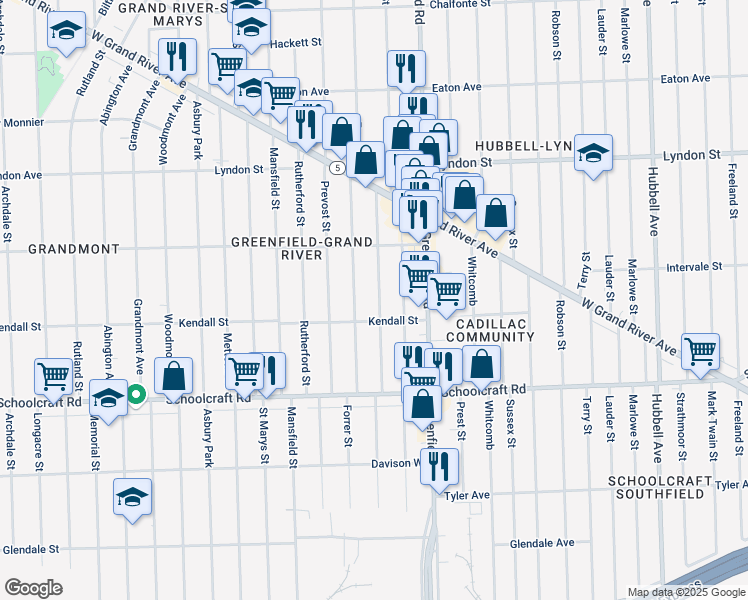 map of restaurants, bars, coffee shops, grocery stores, and more near 14145 Montrose Street in Detroit