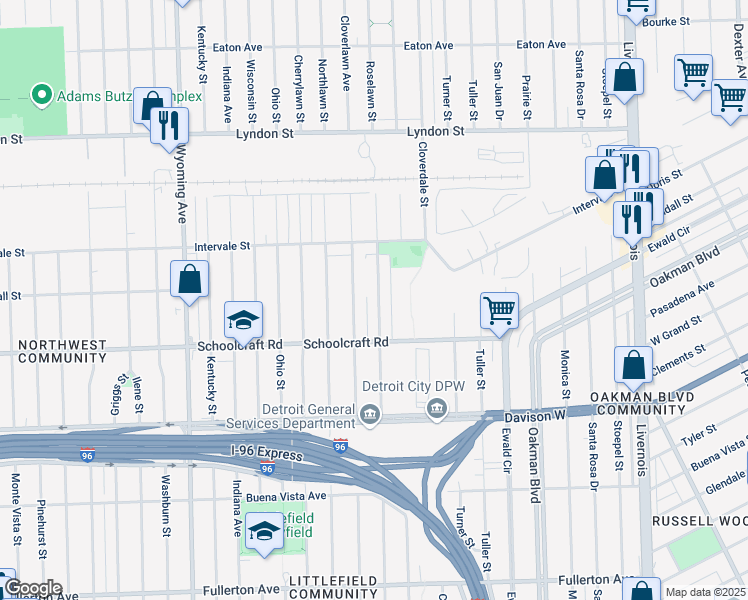 map of restaurants, bars, coffee shops, grocery stores, and more near 13991 Roselawn St in Detroit