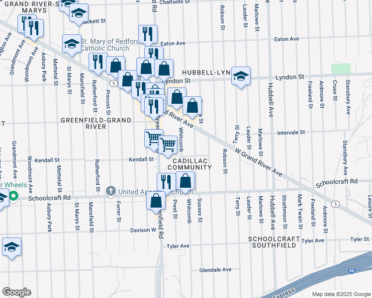 map of restaurants, bars, coffee shops, grocery stores, and more near 14124 Whitcomb in Detroit