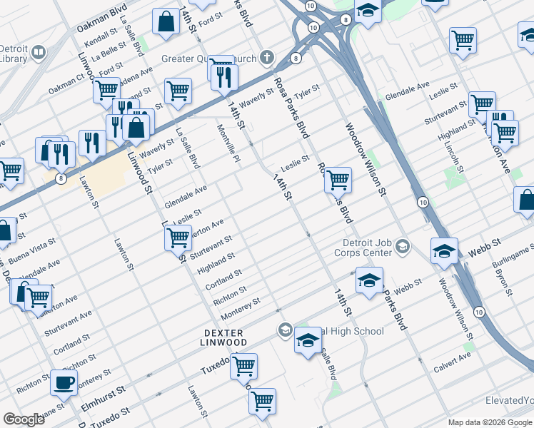 map of restaurants, bars, coffee shops, grocery stores, and more near 2282 Sturtevant Street in Detroit