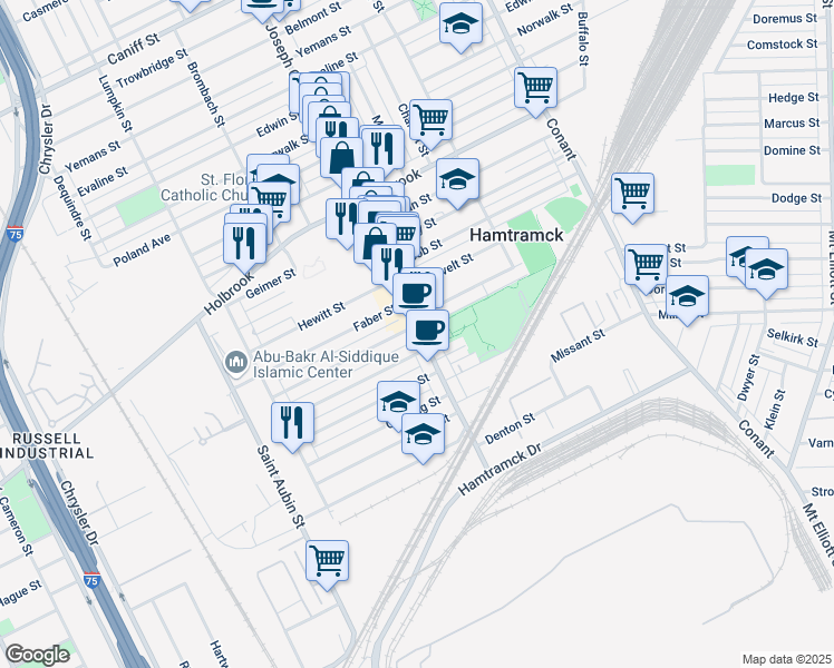 map of restaurants, bars, coffee shops, grocery stores, and more near 8731 Joseph Campau Avenue in Hamtramck