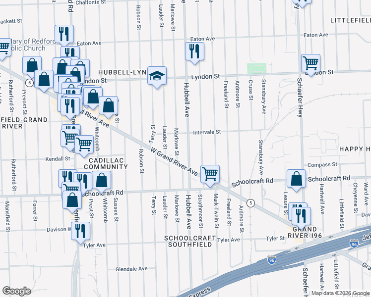 map of restaurants, bars, coffee shops, grocery stores, and more near 14095 Hubbell Avenue in Detroit