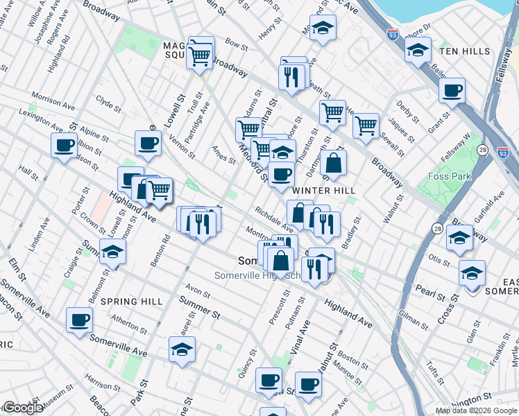 map of restaurants, bars, coffee shops, grocery stores, and more near 55 Richdale Avenue in Somerville