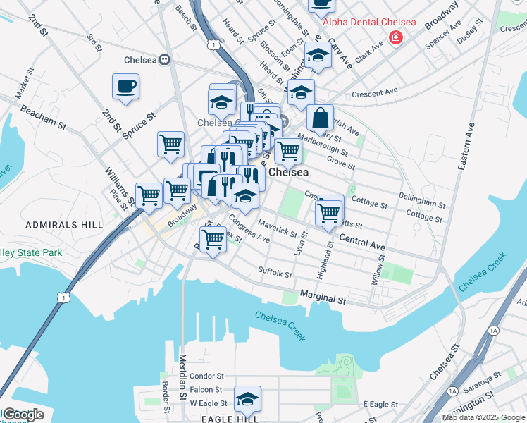 map of restaurants, bars, coffee shops, grocery stores, and more near 32 Central Avenue in Chelsea