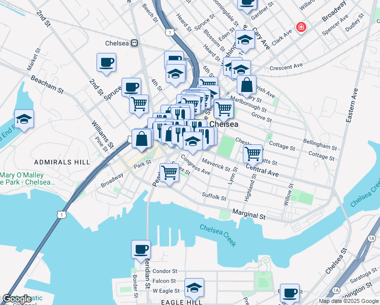 map of restaurants, bars, coffee shops, grocery stores, and more near 99 Hawthorne Street in Chelsea