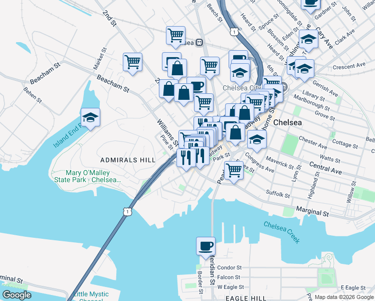 map of restaurants, bars, coffee shops, grocery stores, and more near 72 Chestnut Street in Chelsea
