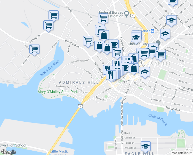 map of restaurants, bars, coffee shops, grocery stores, and more near 95 Beacon Street in Chelsea