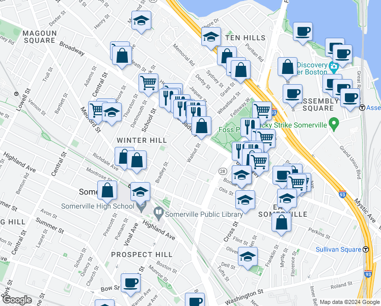 map of restaurants, bars, coffee shops, grocery stores, and more near 6 Wellington Avenue in Somerville