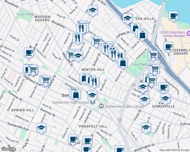 map of restaurants, bars, coffee shops, grocery stores, and more near 13 Howe Street in Somerville