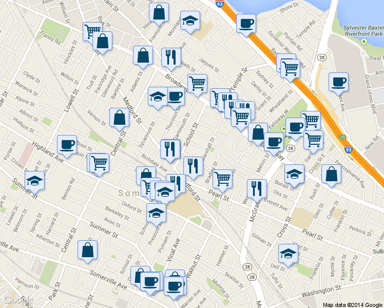 map of restaurants, bars, coffee shops, grocery stores, and more near 13 Howe Street in Somerville