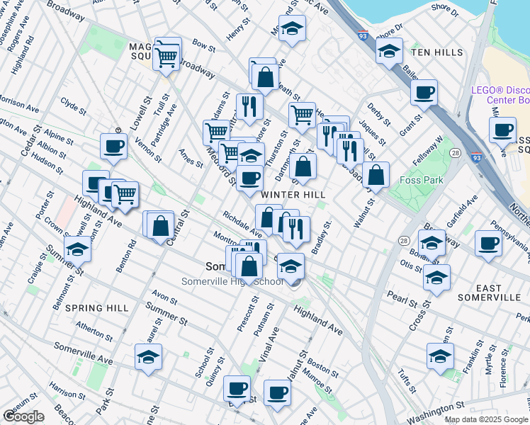map of restaurants, bars, coffee shops, grocery stores, and more near 192 School Street in Somerville