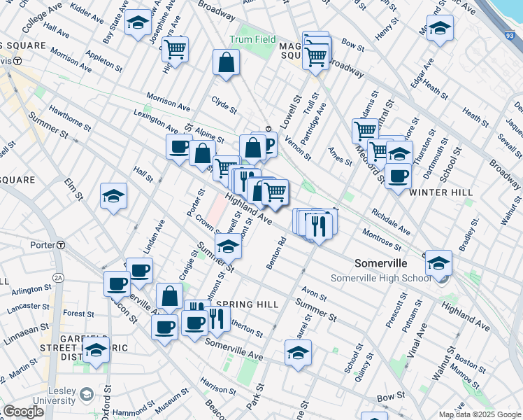 map of restaurants, bars, coffee shops, grocery stores, and more near 219 Highland Avenue in Somerville