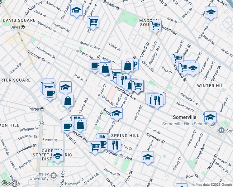 map of restaurants, bars, coffee shops, grocery stores, and more near 14 Tower Street in Somerville
