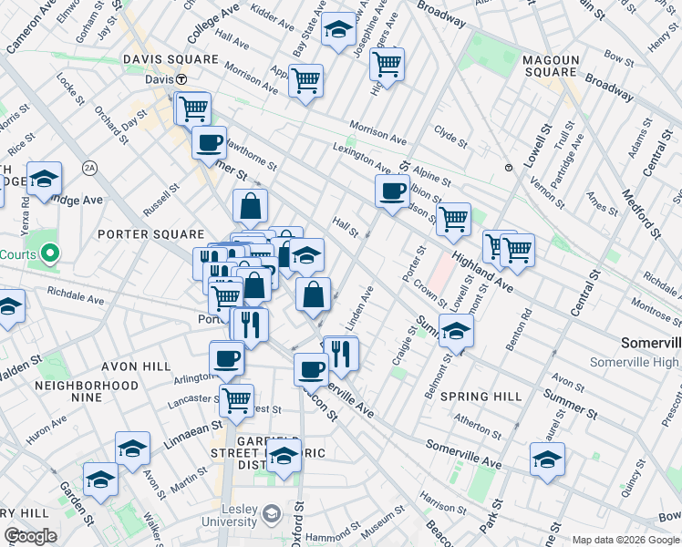 map of restaurants, bars, coffee shops, grocery stores, and more near 21 Ashland Street in Somerville
