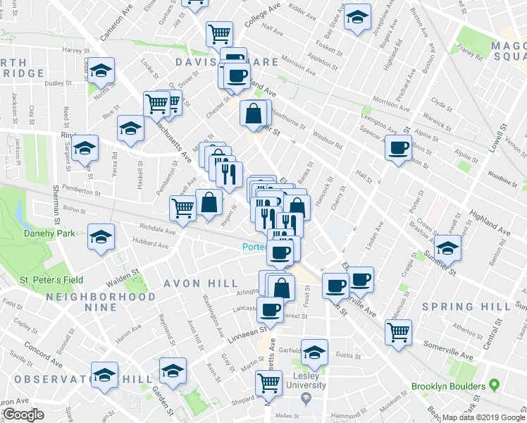 map of restaurants, bars, coffee shops, grocery stores, and more near 19 Davenport Street in Cambridge