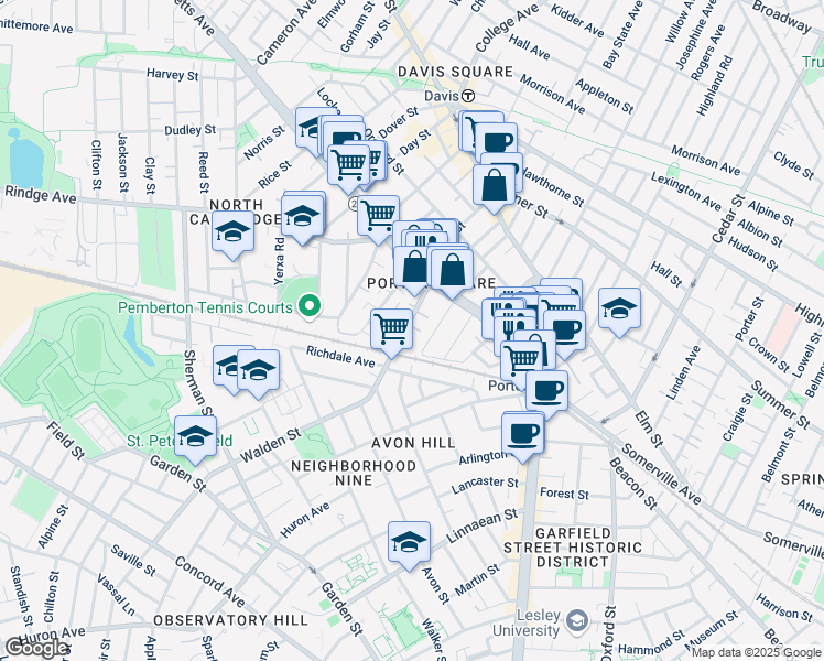 map of restaurants, bars, coffee shops, grocery stores, and more near 38 Walden Street in Cambridge