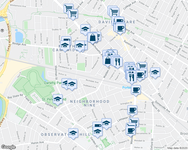 map of restaurants, bars, coffee shops, grocery stores, and more near 26 Mead Street in Cambridge
