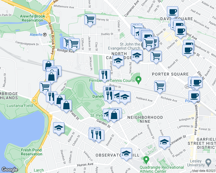 map of restaurants, bars, coffee shops, grocery stores, and more near 9C Bellis Circle in Cambridge