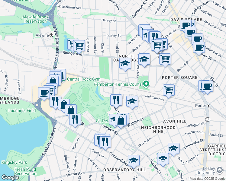 map of restaurants, bars, coffee shops, grocery stores, and more near 9C Bellis Circle in Cambridge