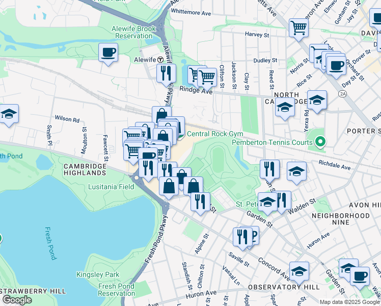map of restaurants, bars, coffee shops, grocery stores, and more near 166 New Street in Cambridge