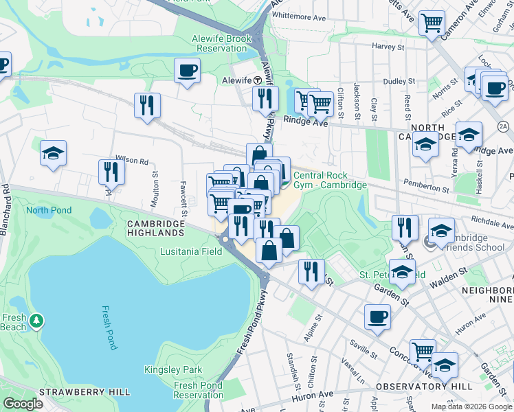 map of restaurants, bars, coffee shops, grocery stores, and more near 591 Concord Avenue in Cambridge