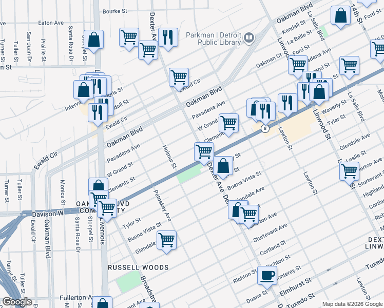 map of restaurants, bars, coffee shops, grocery stores, and more near 13500 Dexter Avenue in Detroit
