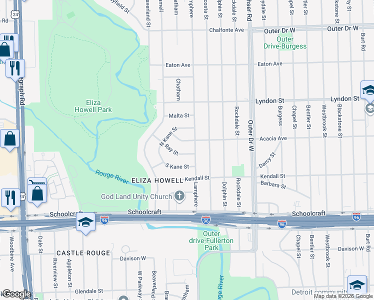 map of restaurants, bars, coffee shops, grocery stores, and more near 22422 Ray Street in Detroit