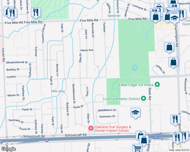 map of restaurants, bars, coffee shops, grocery stores, and more near 34800 Lyndon in Livonia