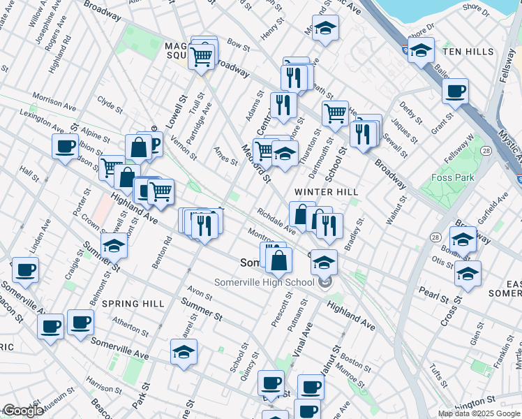 map of restaurants, bars, coffee shops, grocery stores, and more near 2 Lee Street in Somerville