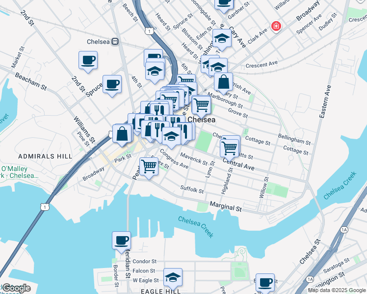 map of restaurants, bars, coffee shops, grocery stores, and more near 32 Central Avenue in Chelsea