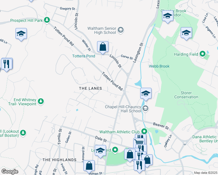 map of restaurants, bars, coffee shops, grocery stores, and more near 49 Worcester Lane in Waltham
