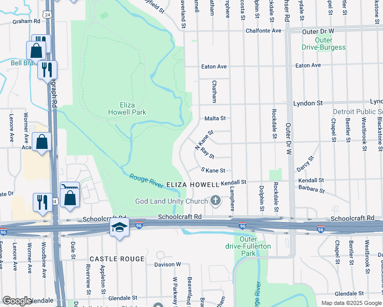 map of restaurants, bars, coffee shops, grocery stores, and more near 22637 North Kane Street in Detroit
