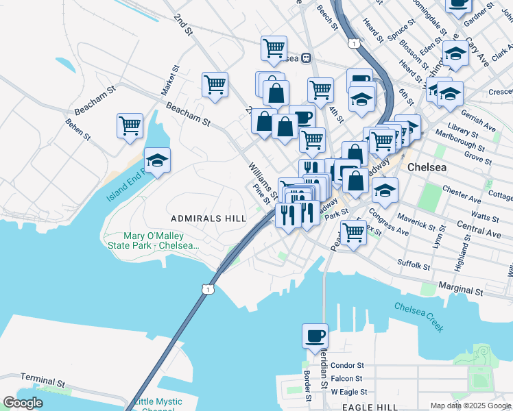 map of restaurants, bars, coffee shops, grocery stores, and more near 95 Beacon Street in Chelsea