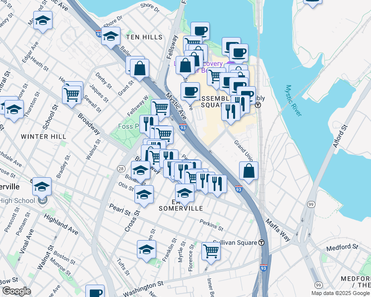 map of restaurants, bars, coffee shops, grocery stores, and more near 11 Connecticut Avenue in Somerville