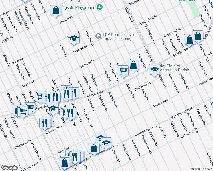 map of restaurants, bars, coffee shops, grocery stores, and more near 3426 Buckingham in Detroit