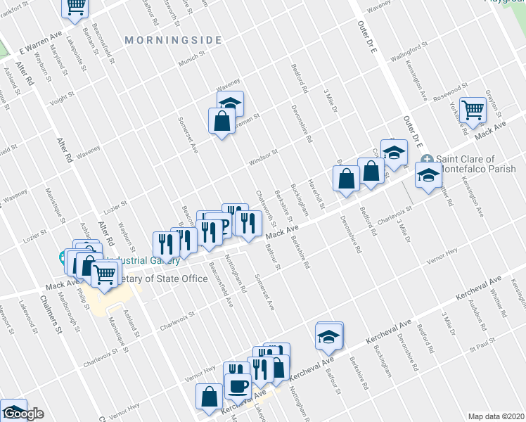 map of restaurants, bars, coffee shops, grocery stores, and more near 3485 Chatsworth Street in Detroit