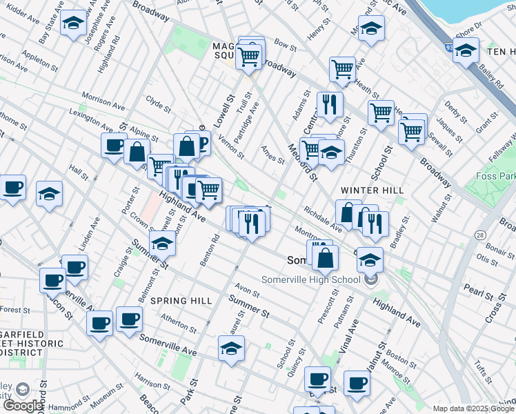 map of restaurants, bars, coffee shops, grocery stores, and more near 7 Albion Street in Somerville
