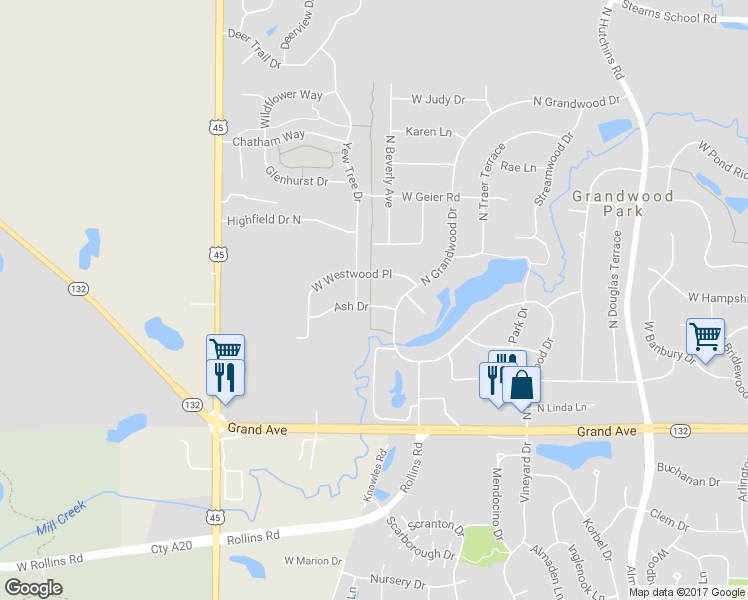 map of restaurants, bars, coffee shops, grocery stores, and more near 18706 Ash Drive in Gurnee