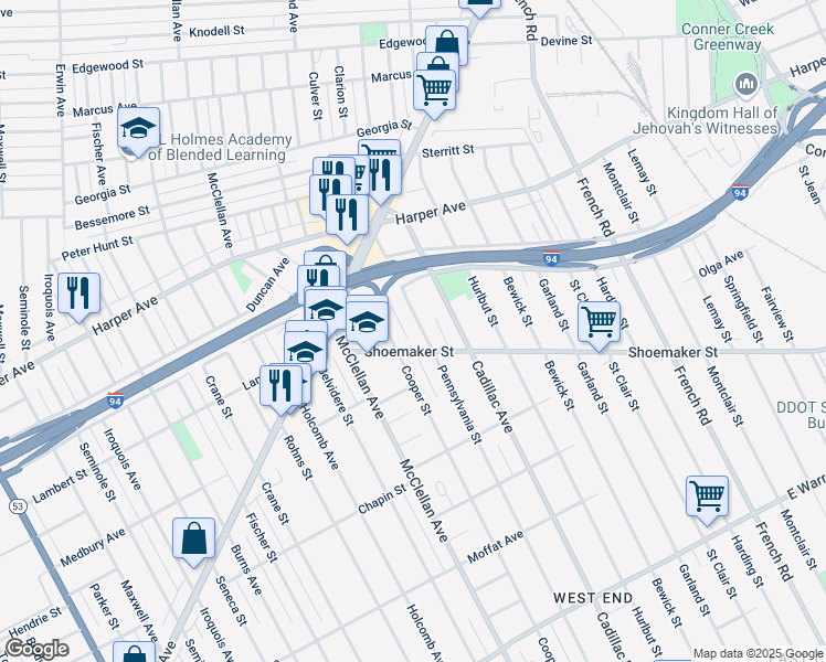 map of restaurants, bars, coffee shops, grocery stores, and more near 5949 Pennsylvania Street in Detroit