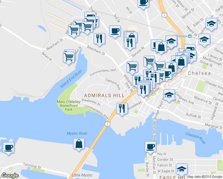 map of restaurants, bars, coffee shops, grocery stores, and more near 5 Admirals Way in Chelsea