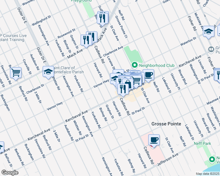 map of restaurants, bars, coffee shops, grocery stores, and more near 1238 Harvard Rd in Grosse Pointe