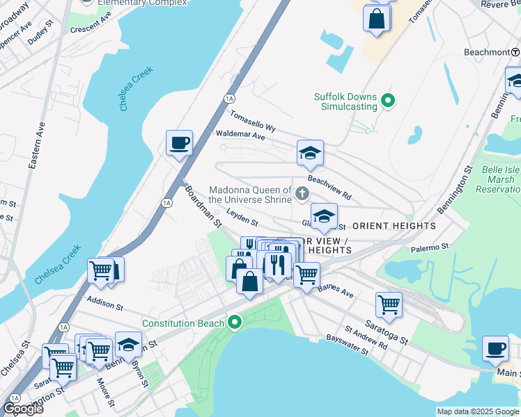map of restaurants, bars, coffee shops, grocery stores, and more near 199 Gladstone Street in Boston